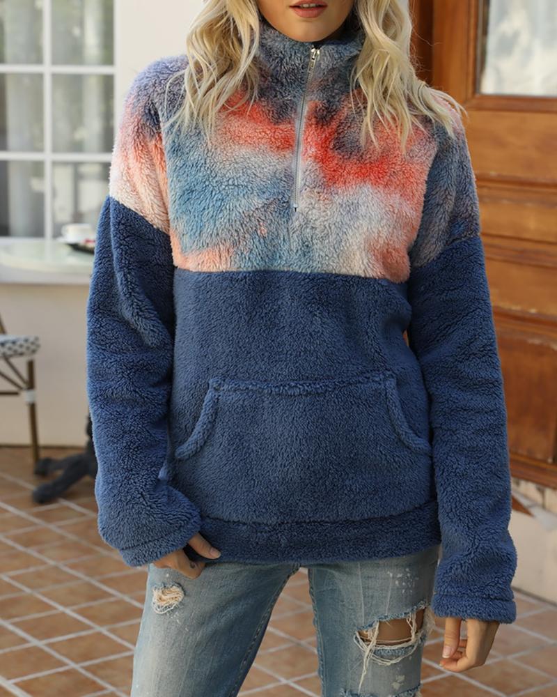 

Tie Dye Print Colorblock Pockets Hooded Teddy Top, Dark blue