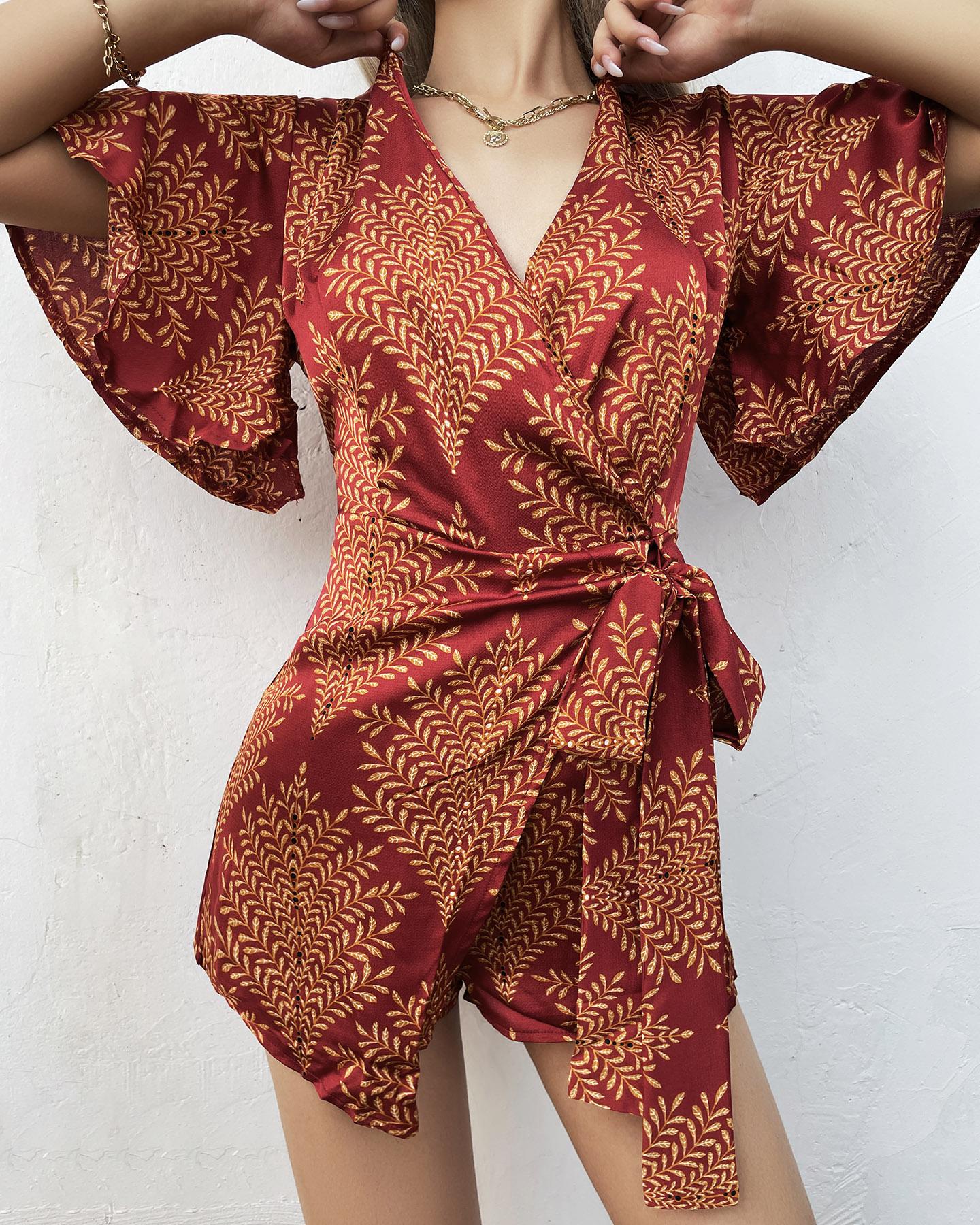 

All Over Print V Neck Lace Up Romper, Red