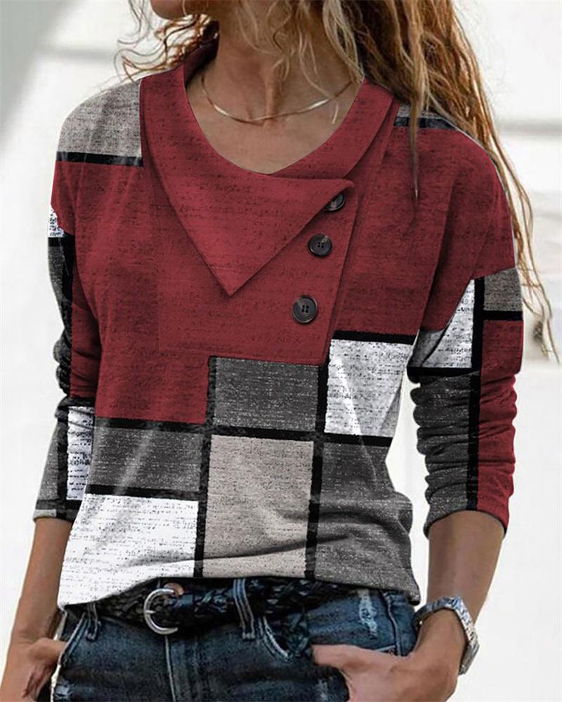 

Colorblock Button Decor Long Sleeve Top, Wine red
