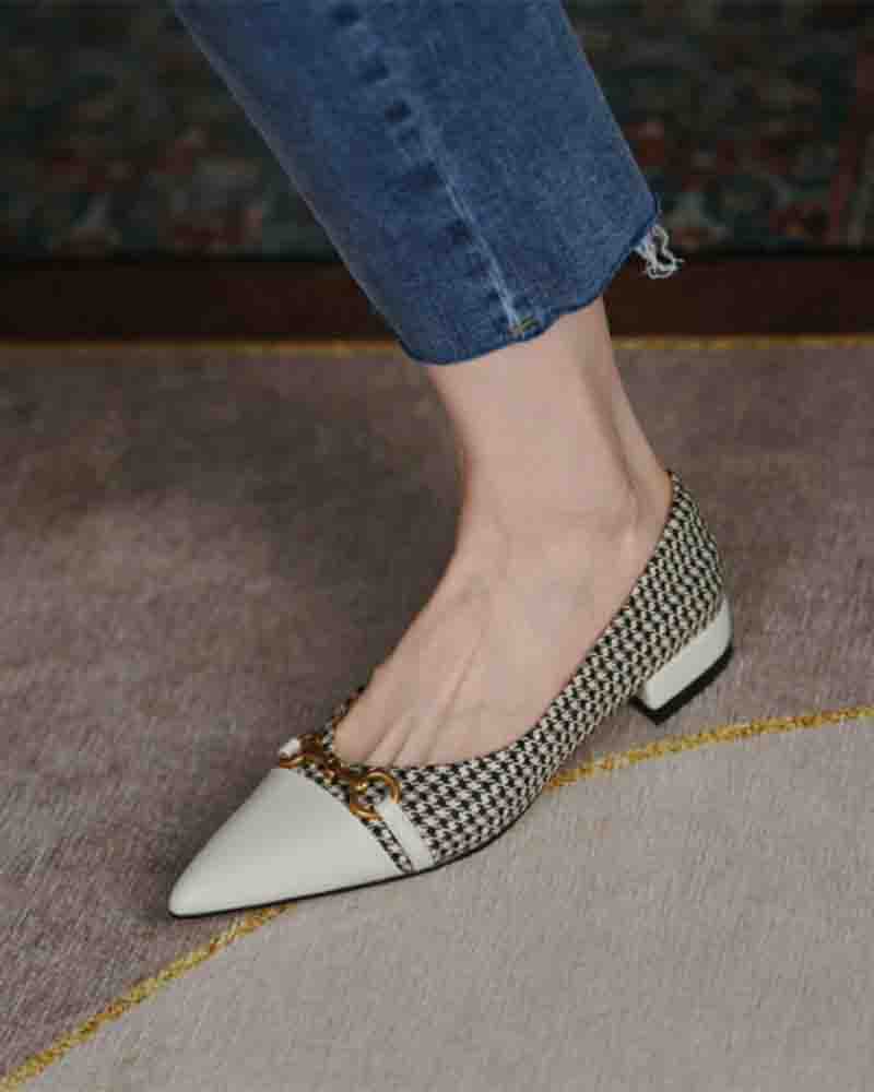 

Pointed-toe Houndstooth Splicing Buckle Flat Slip-on, Beige