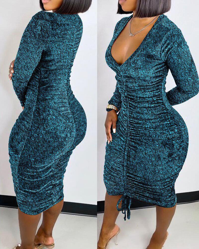 Drawstring Ruched Glitter Bodycon Dress