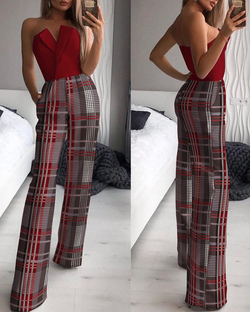 

Plaid Print Straight Leg Tube Jumpsuit, Wine red