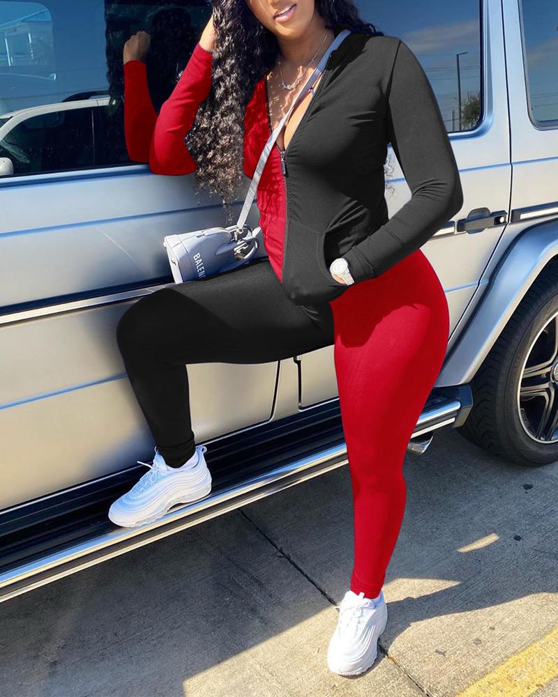 

Colorblock Long Sleeve Zip Up Top & Pants Set, Red