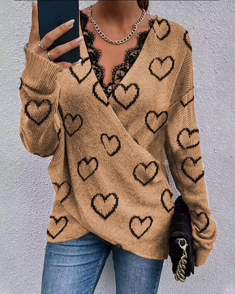 

Heart Contrast Lace Long Sleeve Wrap Knit Sweater, Khaki