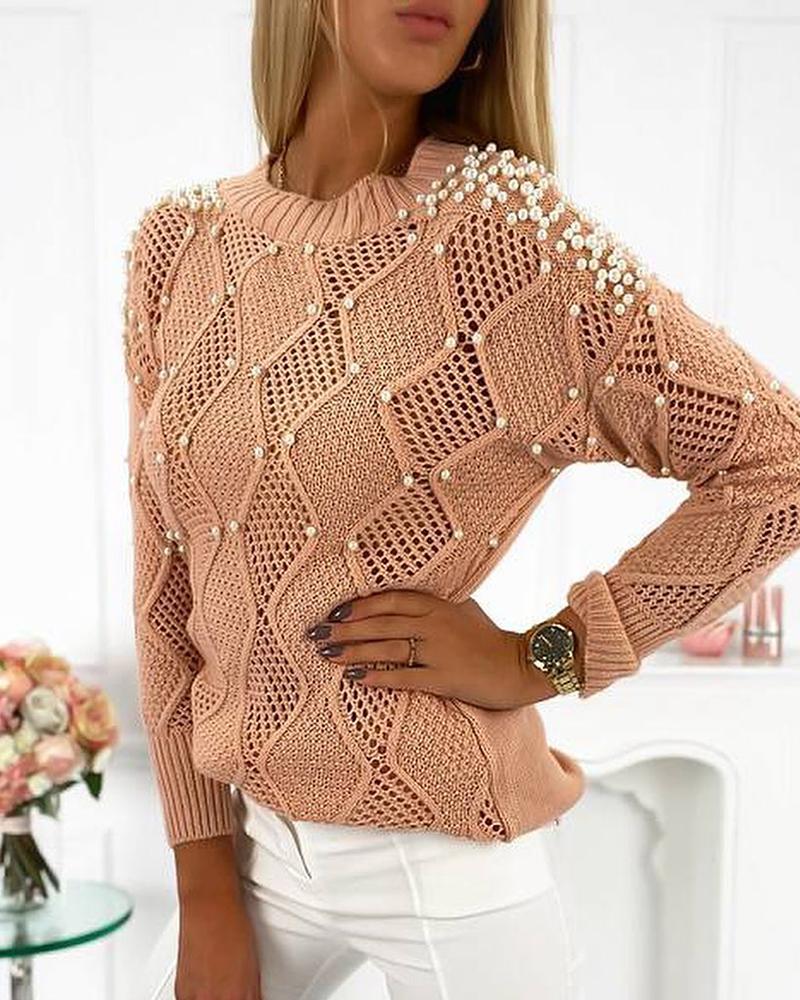 

Beaded Hollow Out Casual Sweater, Khaki