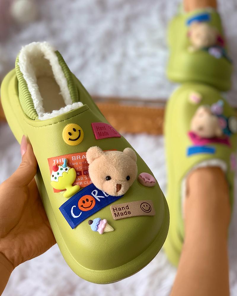 

Cartoon Bear Decor Lined Casual Slipper, Green