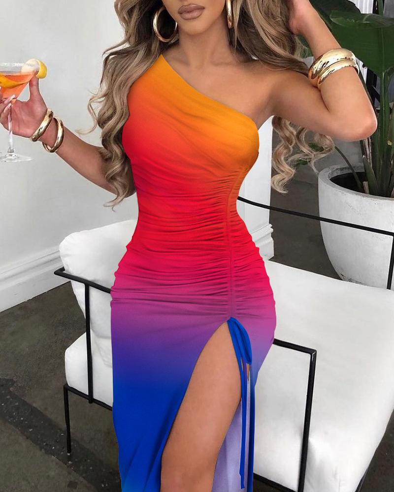 

Ombre One Shoulder Drawstring Ruched High Slit Dress, Multicolor