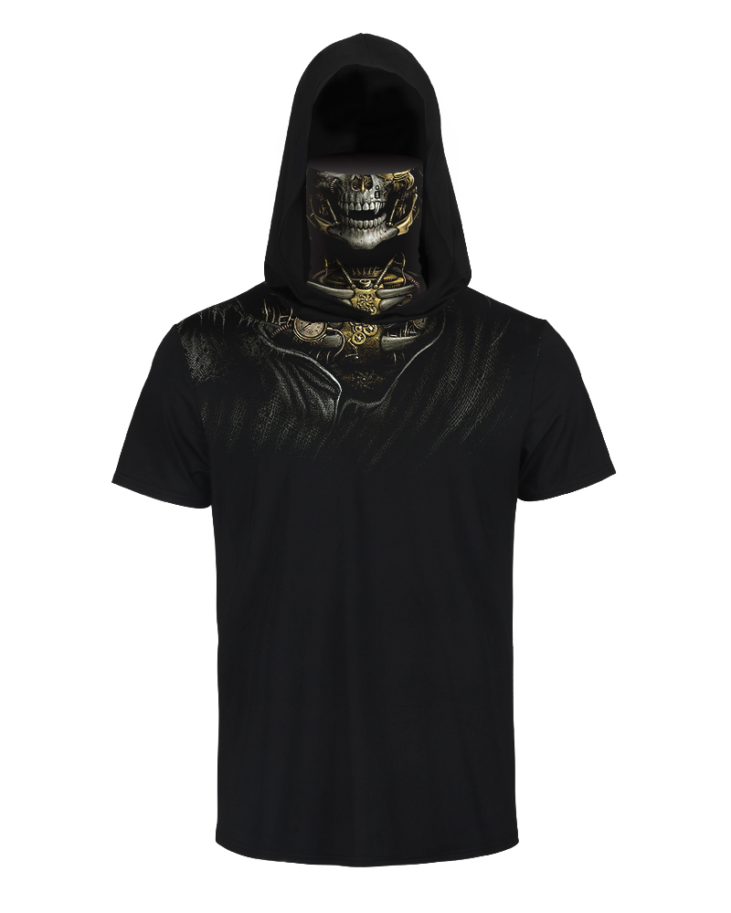 

Skull Print Hooded Short Sleeve T-shirt With Ear Loop Face Bandana, Black