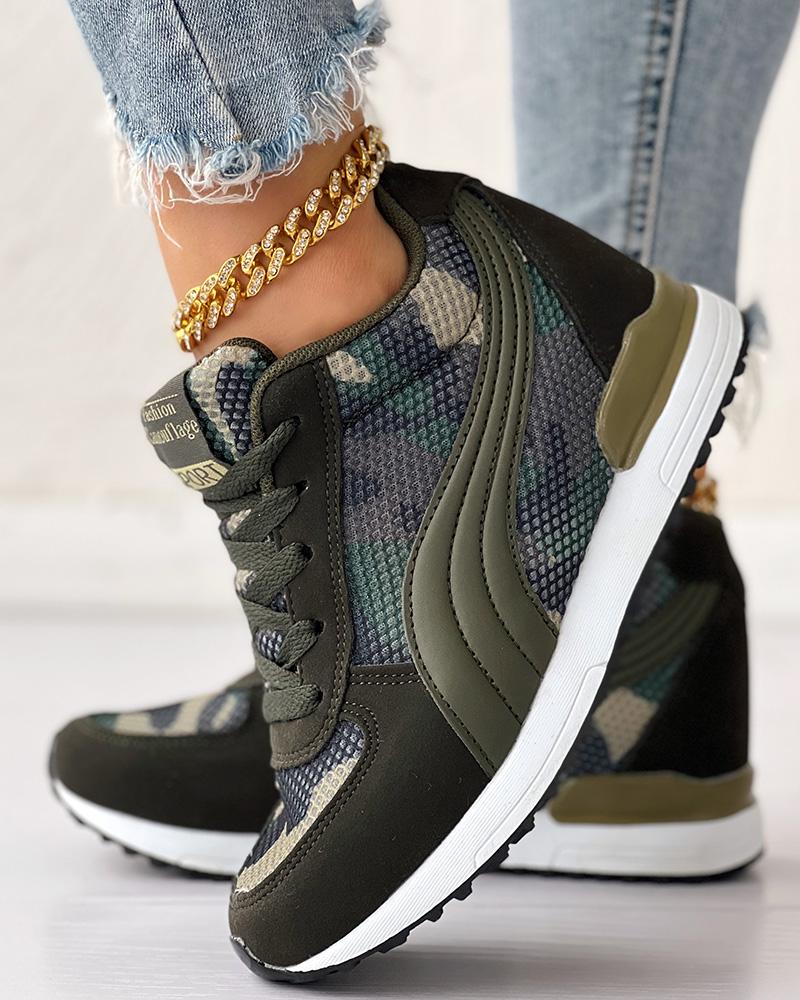 

Camouflage Breathable Lace-up Hidden Wedge Sneakers, Camoflage