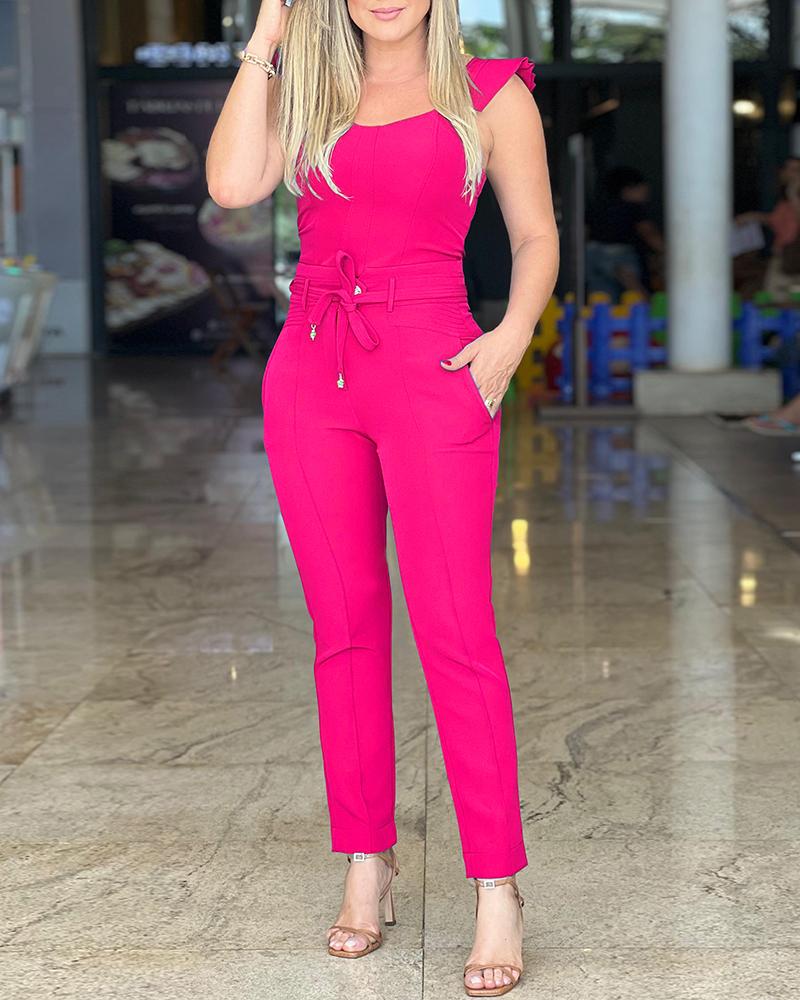 

Flutter Sleeve Top & Pocket Design Pants Set, Hot pink