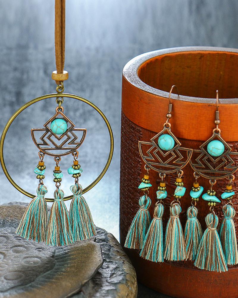 

2pcs Bohemian Hollow Out Turquoise Beaded Tassel Necklace & Earrings Jewelry Set, Blue