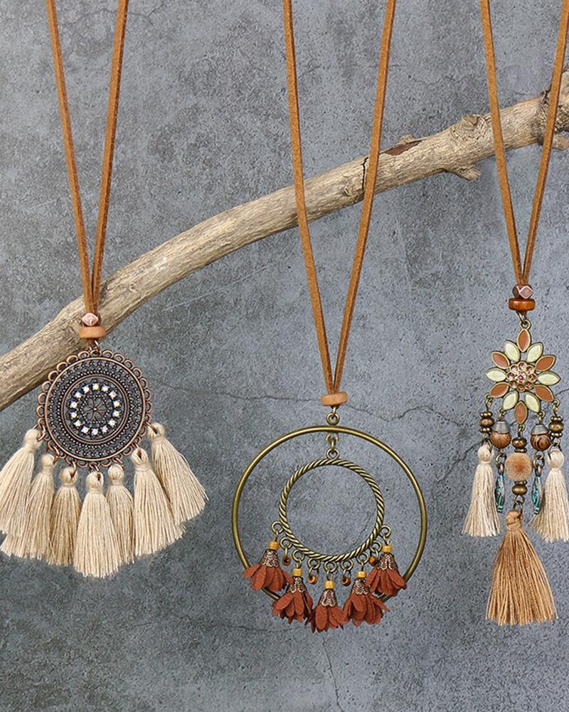 

3pcs Boho Ethnic Style Sundry Colors Tassel Pendant Necklaces Set, Brown
