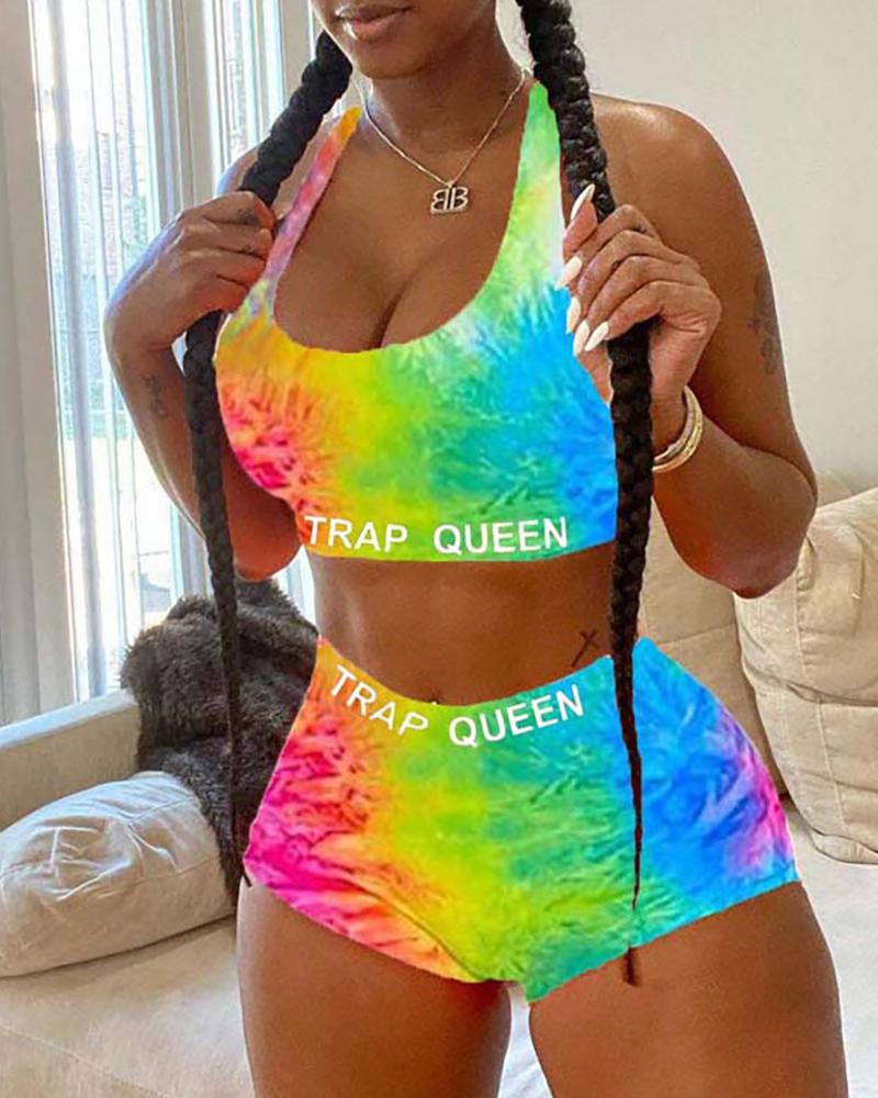 

Tie Dye/Cartoon Print Plus Size Top & Short Sets, Hot pink