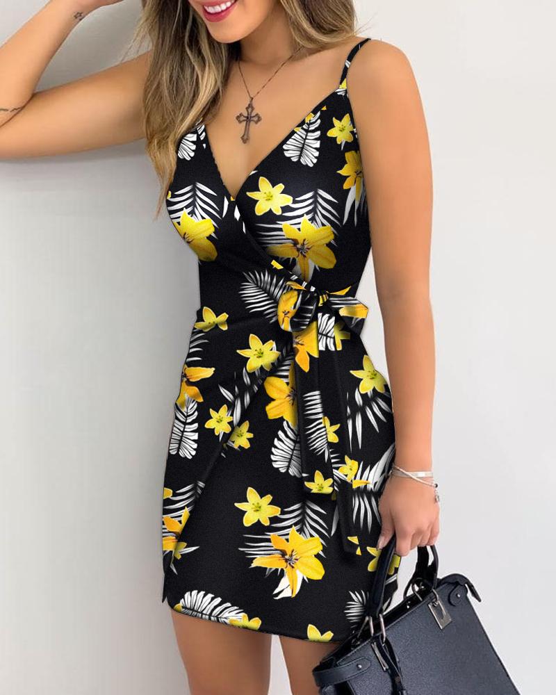 

Tropical Print Wrap Tie Side Cami Dress, Black