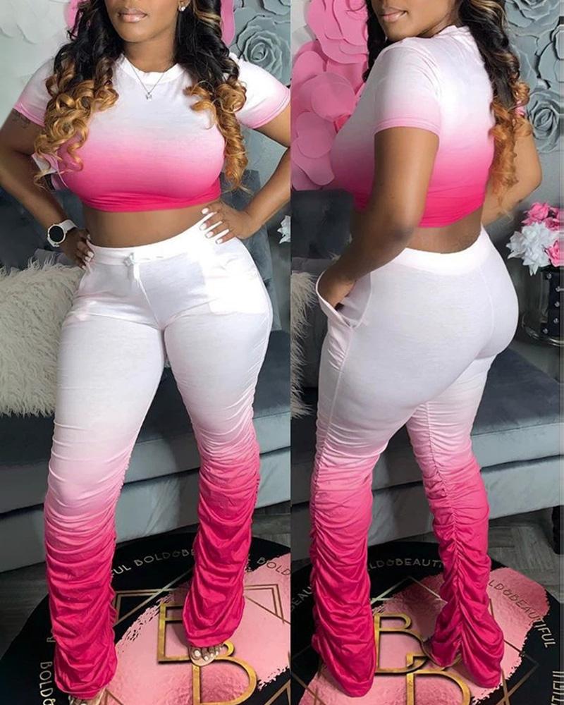 

O-Neck Ombre Crop Top & Ruched Pants Set, Pink