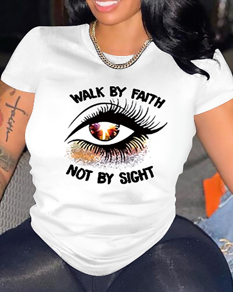 

Plus Size Letter Eye Print Casual T-shirt, White