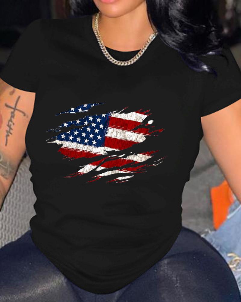 

Independence Day Flag Print Short Sleeve T-Shirt, Black