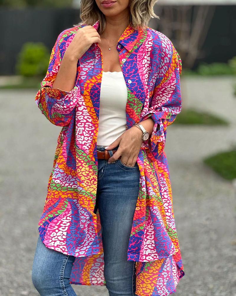 

Colorblock Leopard Print Roll Up Sleeve Coat, Hot pink
