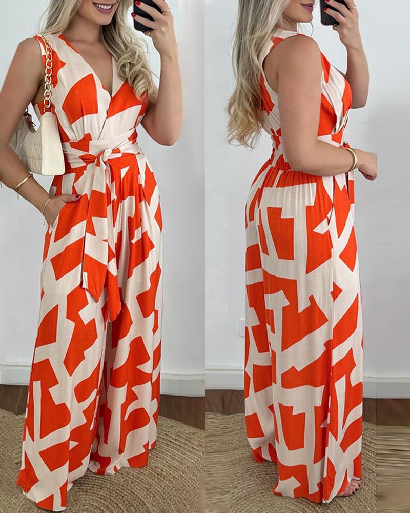 

Geometric Print Tied Detail Wide Leg Jumpsuit, Orange