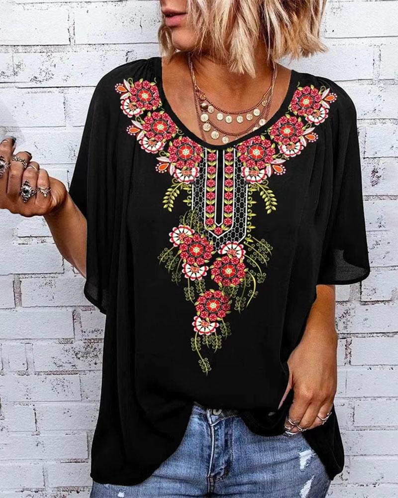 

Tribal Print Flutter Sleeve Casual Top, Black