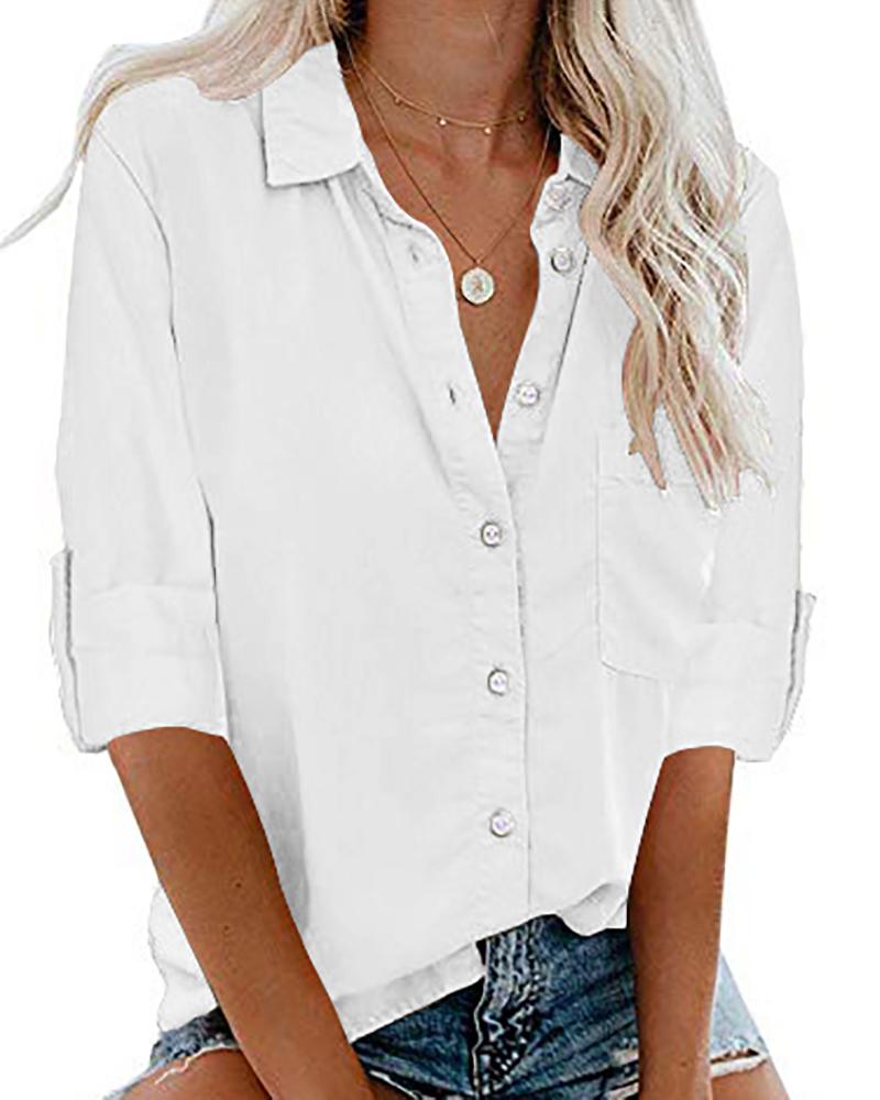 

Button Front Pocket Design Long Sheeve Shirt, White