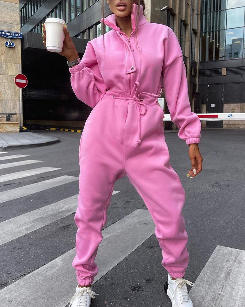 

Long Sleeve Zip Detail Drawstring Jumpsuit, Pink