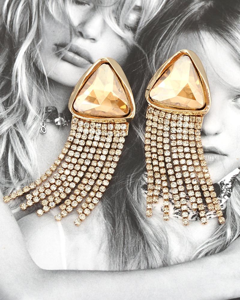

1Pair Crystal Stone Triangle-shaped Rhinestone Tassel Drop Earrings, Gold