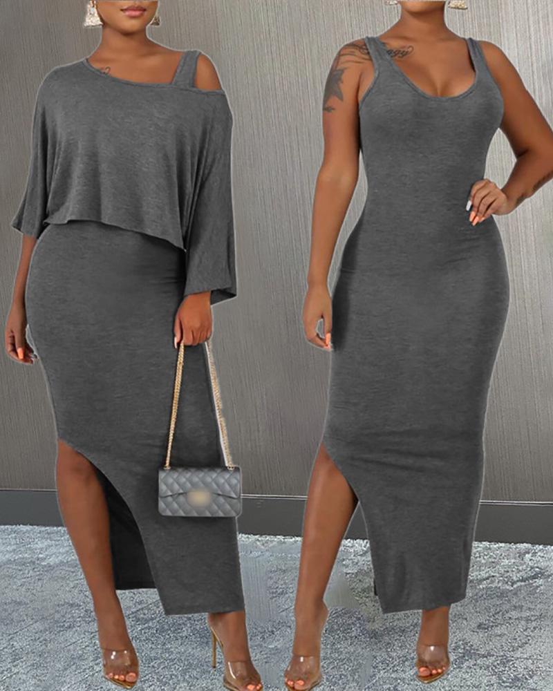 

Slit Tank Dress With Half Sleeve Top, Dark grey