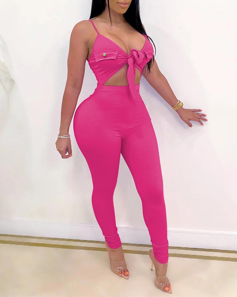 

Tie Front Cutout Pocket Design Jumpsuit, Hot pink