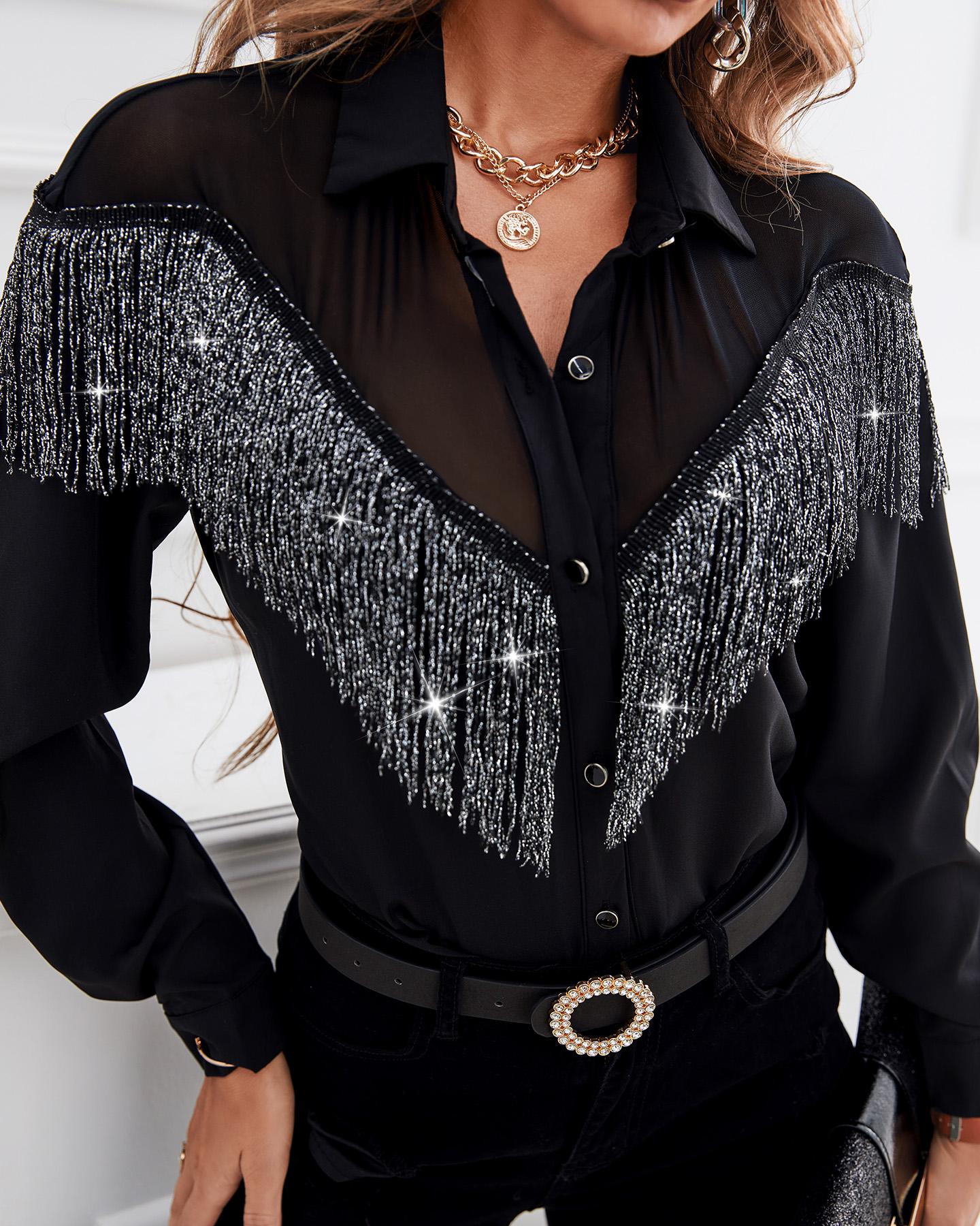 

Tassel Sheer Mesh Buttoned Shirt, Black