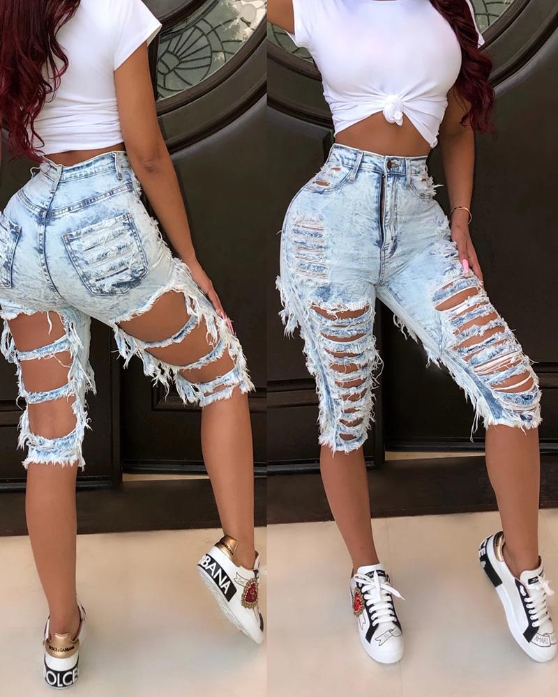 

Ripped Cutout Fringe Hem High Waisted Denim Shorts, Light blue