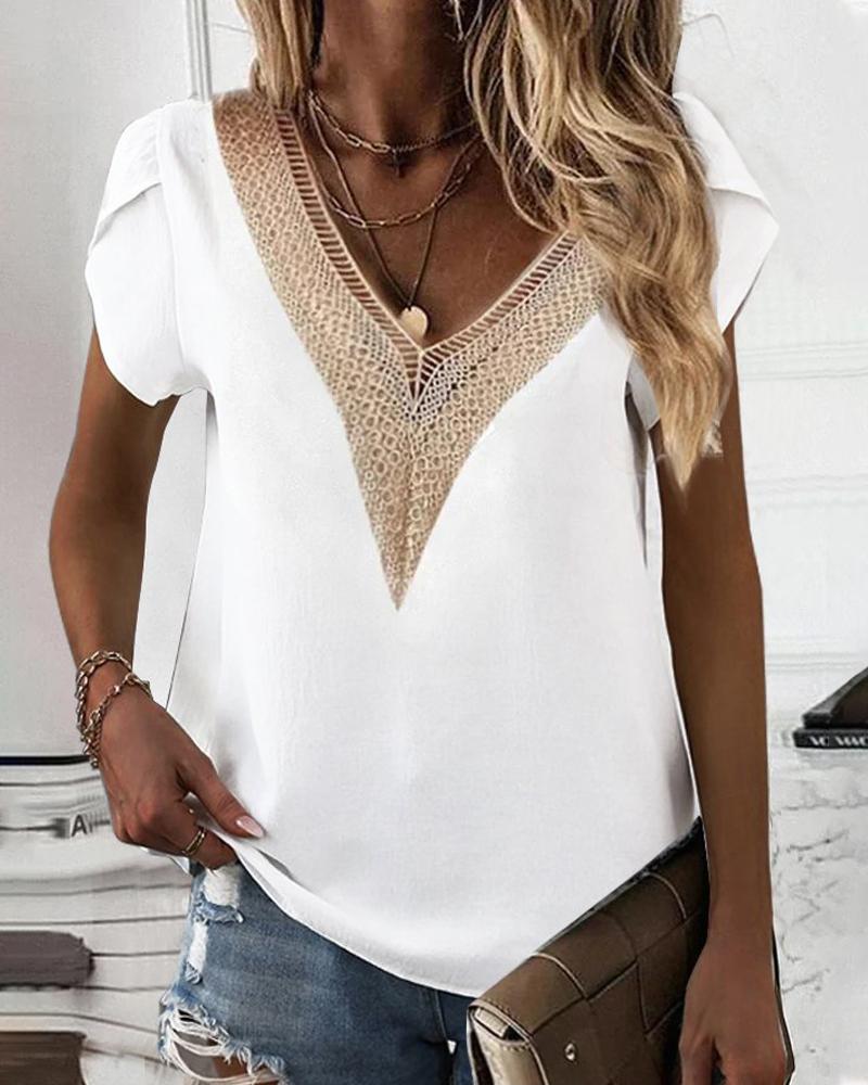 

Lace Patch Hollow Out V-Neck Top, White