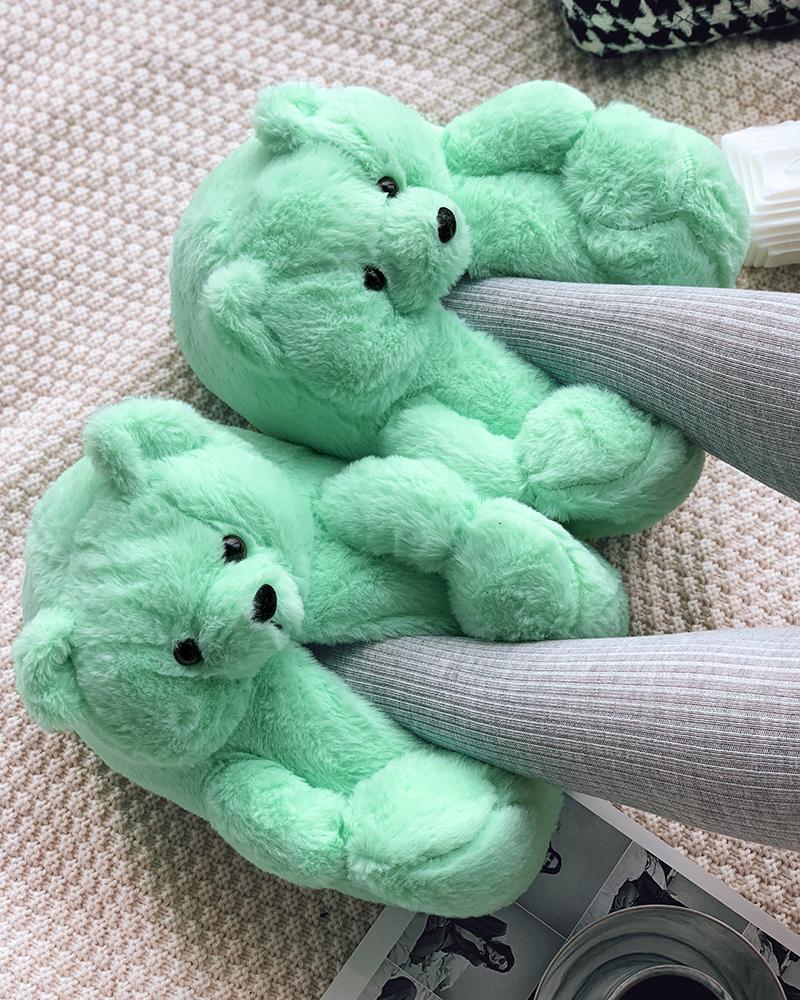 

Fluffy Plain Teddy Bear Slippers, Green