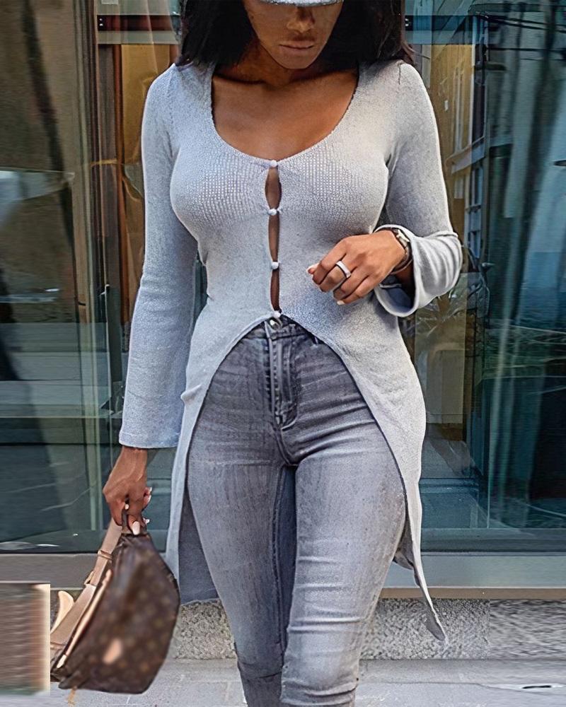 

Long Sleeve Button Front High Low Hem Ribbed Top, Gray