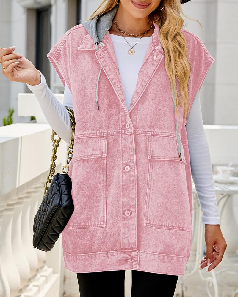 

Colorblock Cap Sleeve Drawstring Hooded Denim Coat, Pink