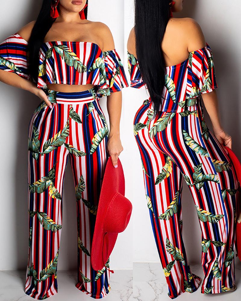 

Vintage Print Short Sleeve Loose Blouse With Wide Leg Pants Suit Sets, Multicolor