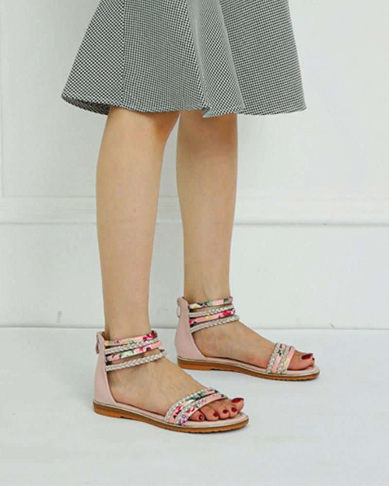 

Round-toe Boho Style Vintage Print Splicing Tassel Flat Sandals, Pink