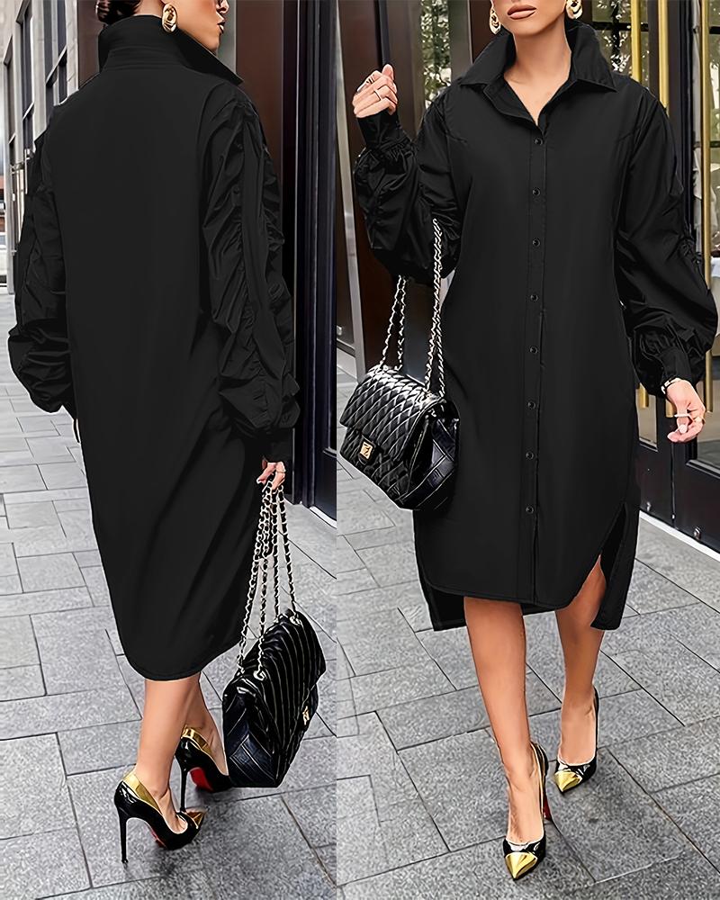 

Plus Size Ruched Lantern Sleeve Button Down Shirt Dress, Black