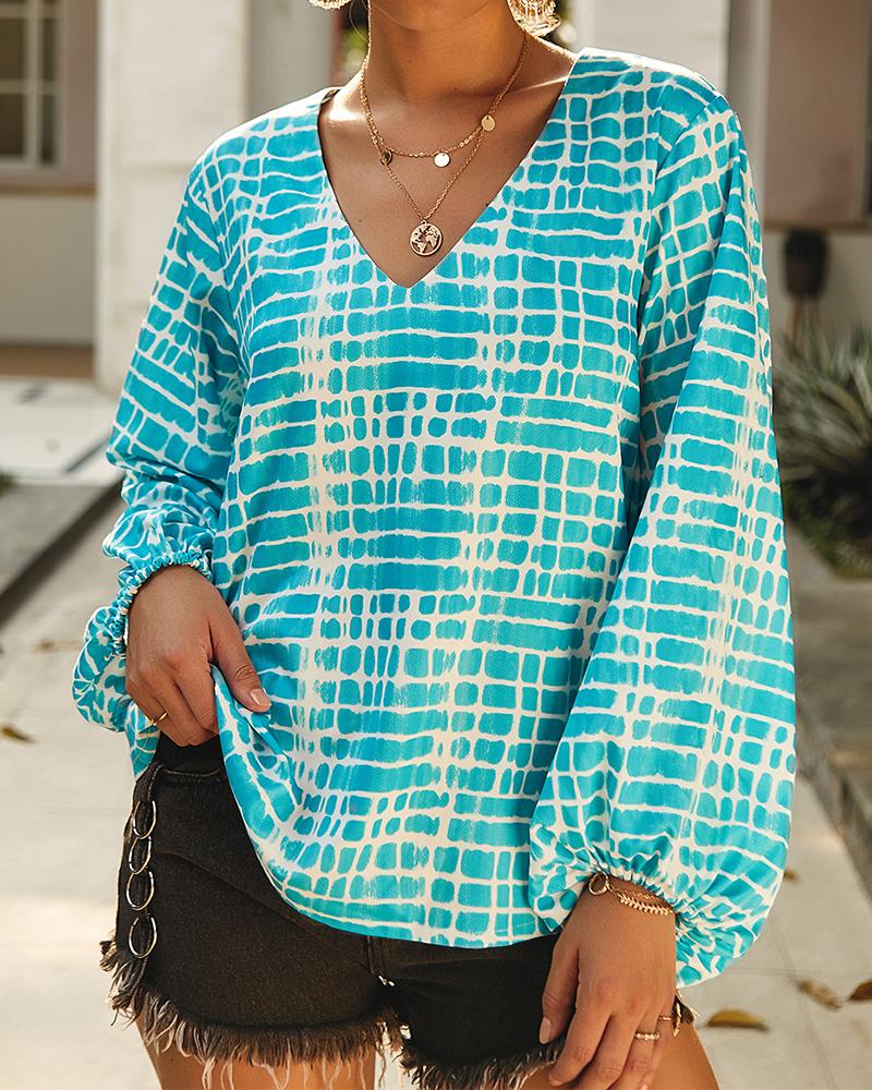 

V-Neck Print Fashion Lantern Sleeve Blouse, Blue