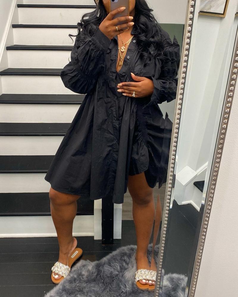 

Shirred Ruched Design Button Front Shirt Dress, Black