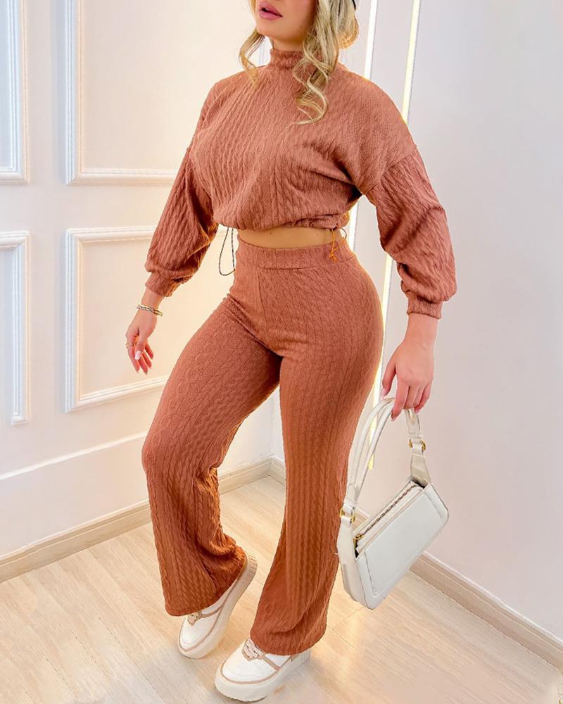 

Mock Neck Drawstring Cable Textured Top & Pants Set, Pink