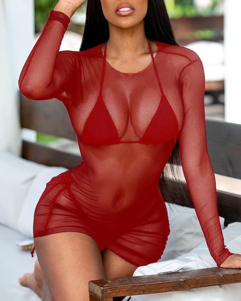 

Ruched Sheer Mesh Cover Up Dress, Red