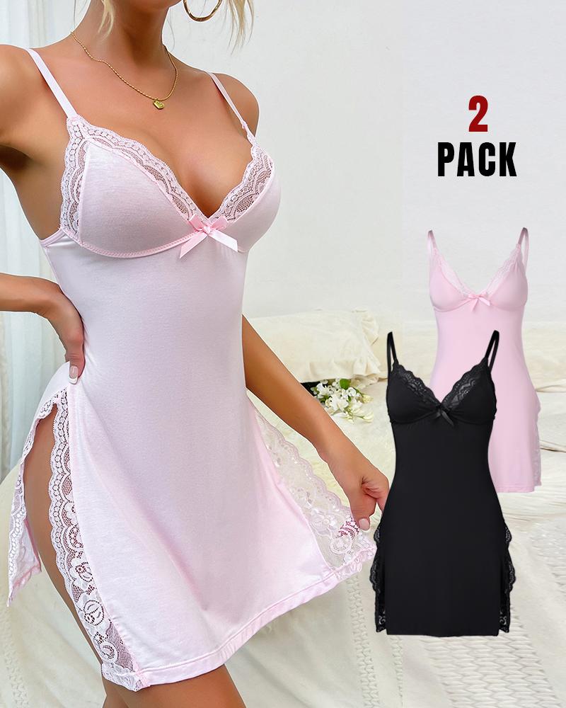 

2-Pack Lace Trim Side Slit Bowknot Decor Modal Cami Sleep Dress, Style2