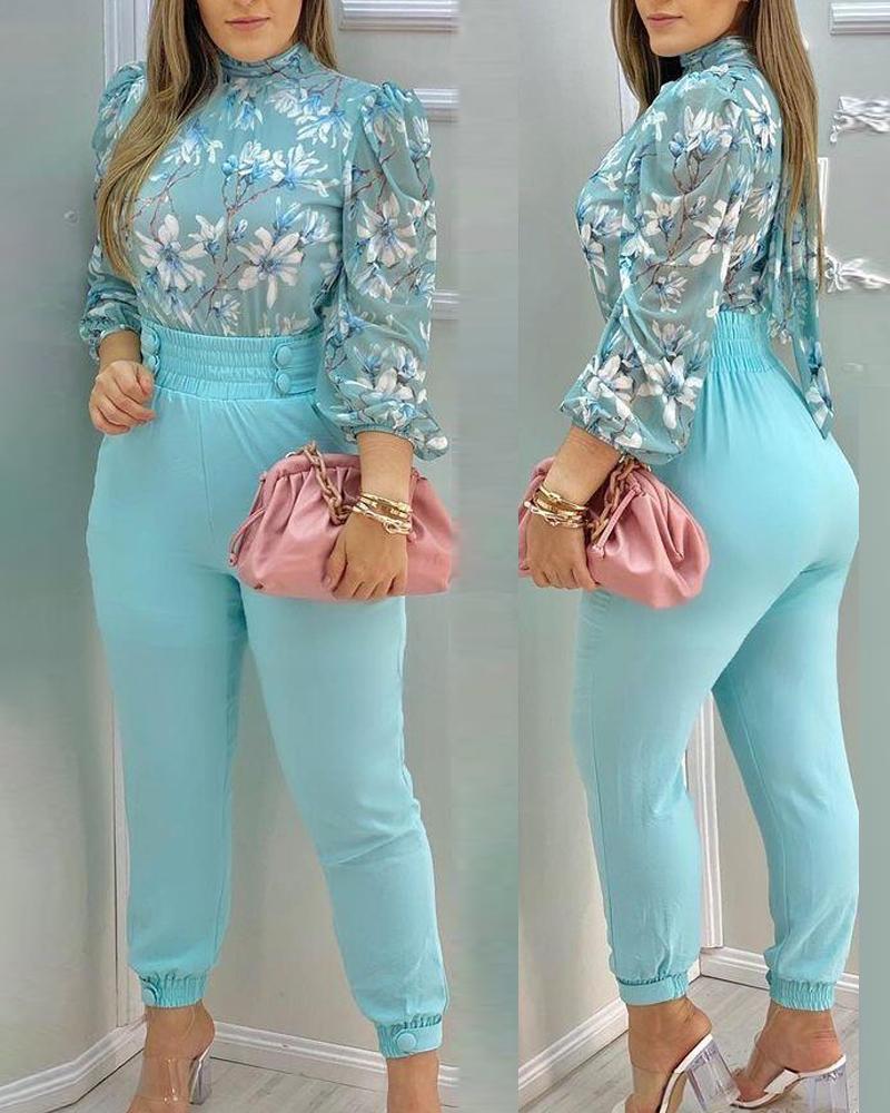 

Floral Print Long Sleeve Blouse With Pants Suit Sets, Blue