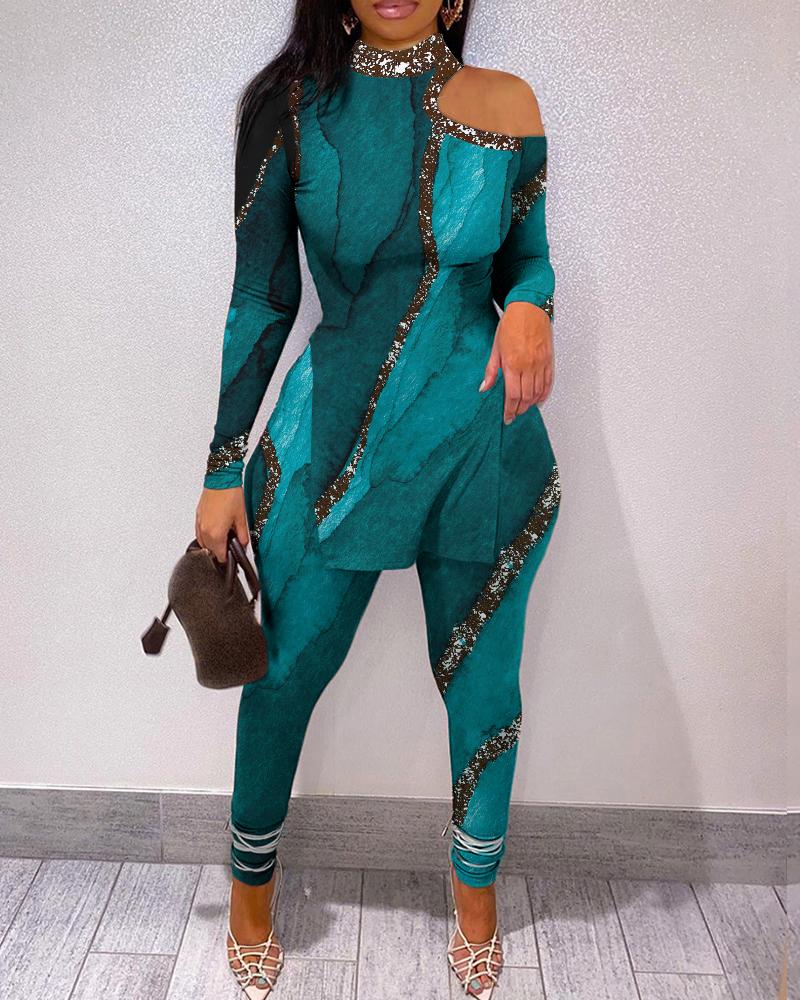 

Marble Print Split Hem Cold Shoulder Top & Pants Set, Green