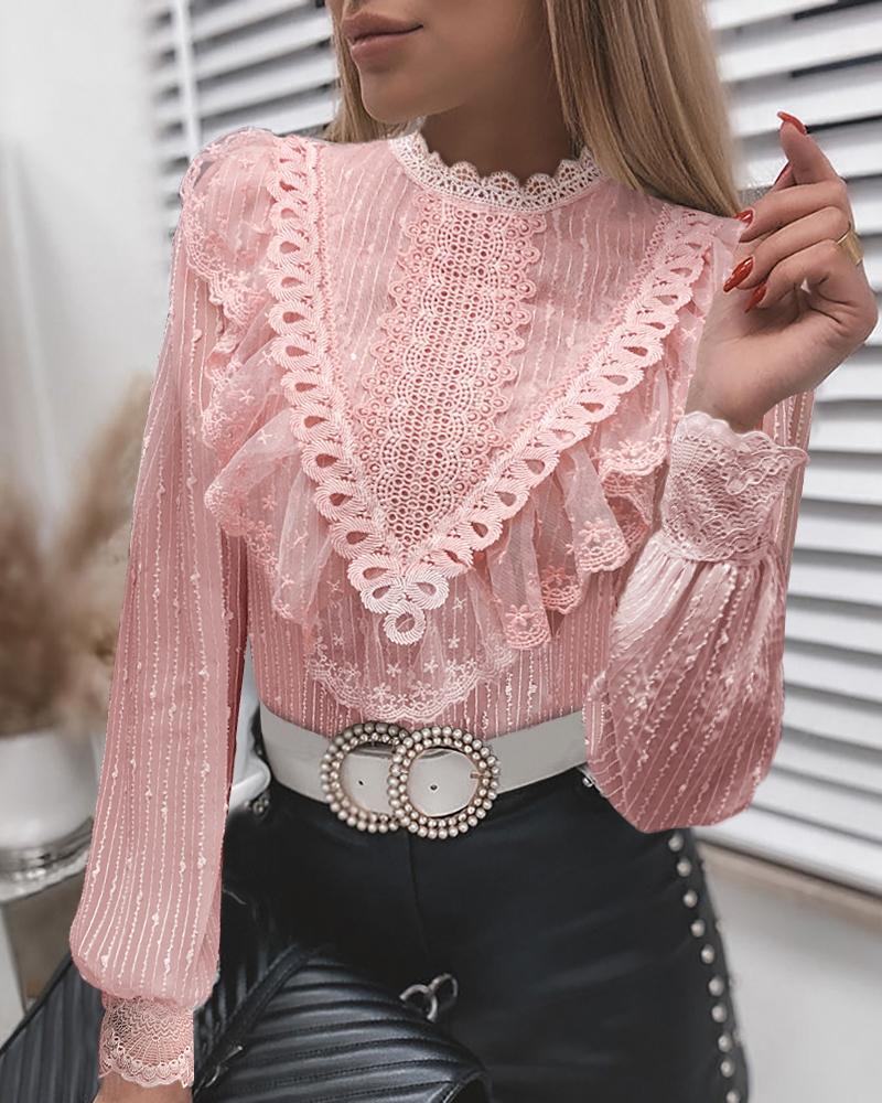

Solid Ruffles Long Sleeve Loose Blouse, Pink