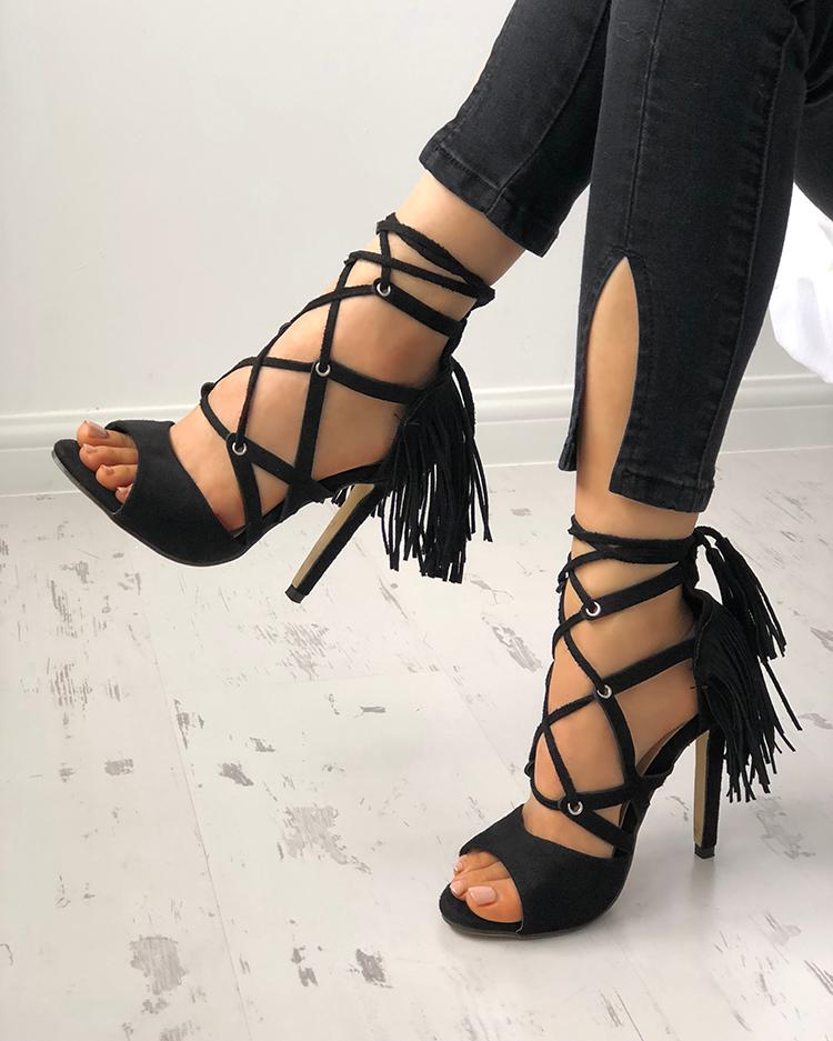 

Crisscross Bandage Tassel Open Toe Stiletto Sandals, Black