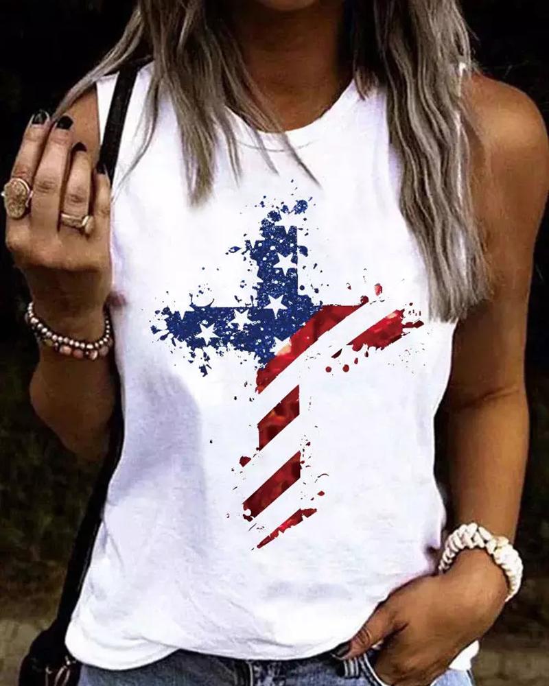 

Independence Day Flag Print Round Neck Tank Top, White