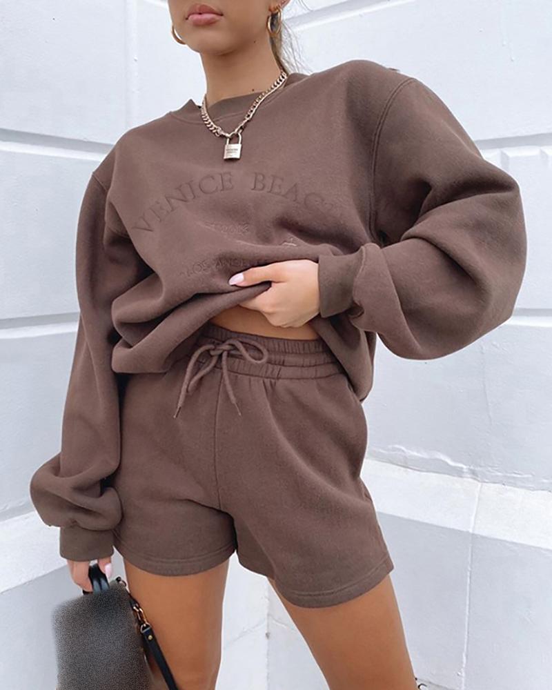 

Letter Embroidery Sweatshirt & Drawstring Shorts Set, Coffee