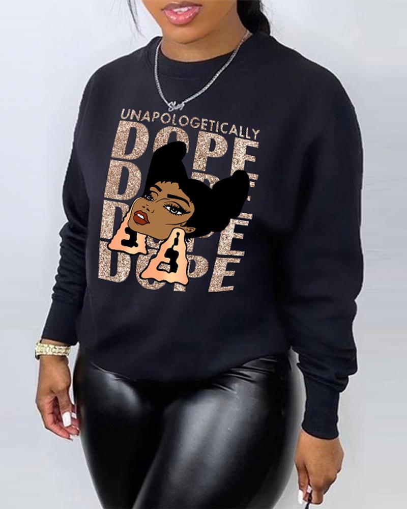 

Plus Size Figure Letter Print Long Sleeve Sweatshirt, Black